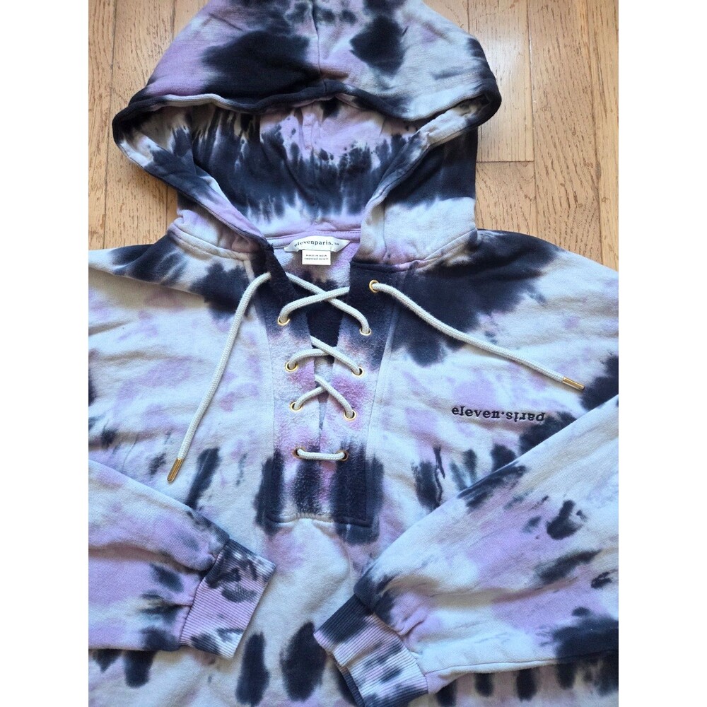 Eleven Paris Unisex Hooded Long Sleeves Tie Dye Sweatshirt Purple Black Size S